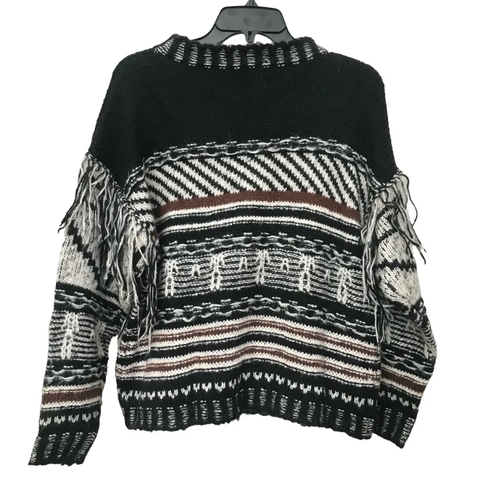 Cliche Woven Fringe black brown Earth tones Knit Sweater top size L - Picture 3 of 6